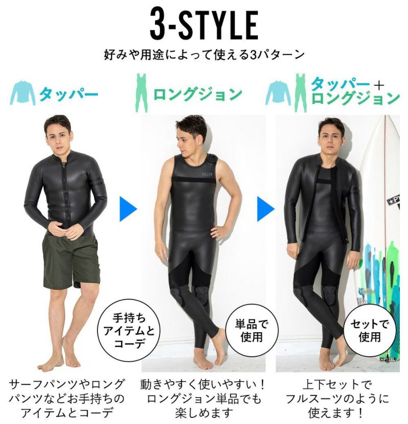 【美品】FELLOW SURF スキン ロングジョン 3mm M FELLOW メンズ スキン ロングジョン3mm ＆ タッパー3mm セット M～XXL
